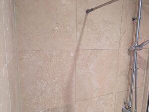 AFTER Travertine Shower Tile Etch Restoration in Rugby, Warwickshire