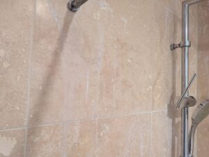BEFORE Travertine Shower Tile Etch Restoration in Rugby, Warwickshire