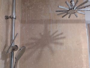 BEFORE Travertine Shower Tile Etch Restoration in Rugby, Warwickshire
