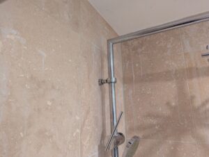 BEFORE Travertine Shower Tile Etch Restoration in Rugby, Warwickshire